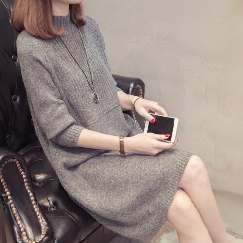 2020 Autumn Winter Womens Long Sleeve Sweater Pullovers Female Knitted Long Dress Ladies Solid Clothes Female NS4679