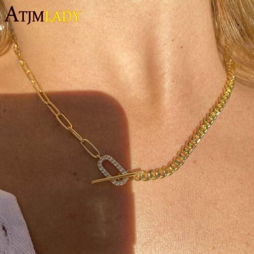 Gold Color European Women Fashion Jewelry Clear CZ Paper Clip Charm Half Open Link Chain Half Cuban Chain Simple Choker Necklace