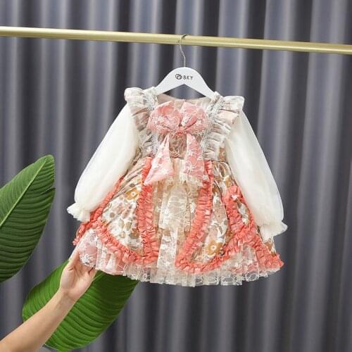 Japanese Girls Kids Lolita Dress Long Sleeve Children Baby Infants Princess Lace Bow Ruffle Flora Party Ball Gown Dresses S12849