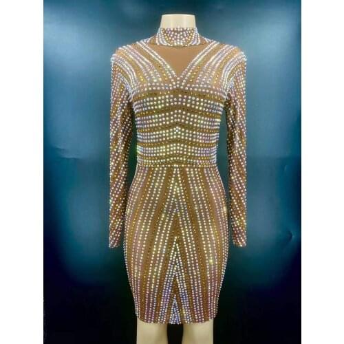 AB Gold Rhinestone Transparent Short Dress Evening Birthday Celebrate Party Costume Women Dancer Performance Show Dress