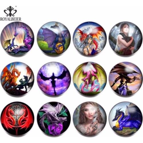 RoyalBeier 12pcs/lot Demon Dragon Theme Glass Charms Snap Button Jewelry 18mm For 20mm Snaps Bracelet Snap Jewelry KZ0829