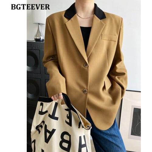 BGTEEVER Stylish Patchwork Notched Collar Ladies Blazer Jackets Long Sleeve Pockets Back Split Loose Female Outwear 2021 Autumn