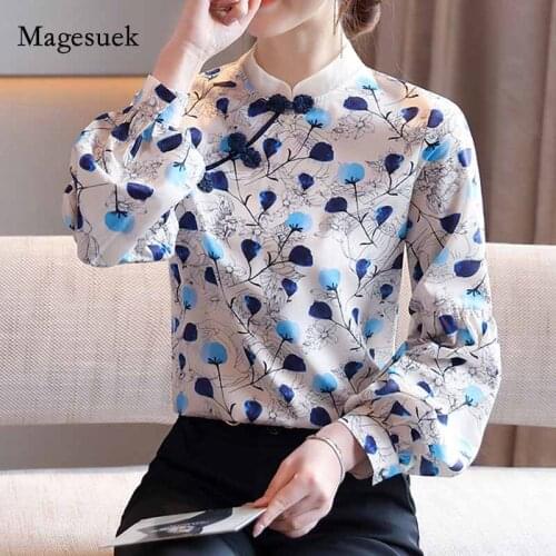 Print Stand-up Collar Tops Pullover Floral Silk Shirt Autumn 2020 New Loose Vintage Buckle Long Sleeve Women Blouse Blusas 11133