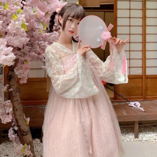 Vintage Renaissance Chinese Style Girls Sweet Princess Lolita Dress Women Hanfu Style Lace Mesh Blouse 2 Piece Set Fairy Dresses