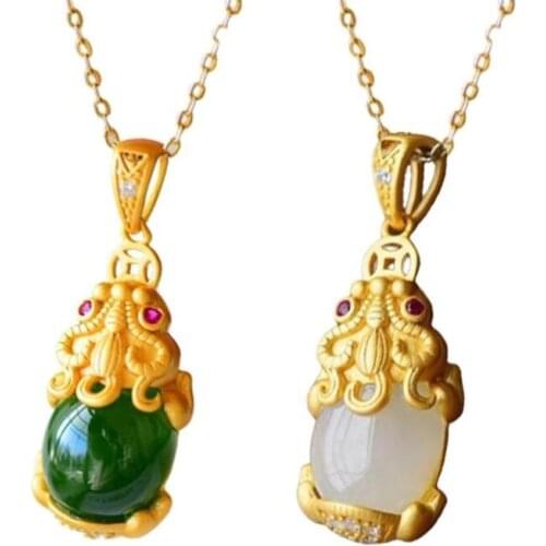 Vintage Pixiu Gold Necklace Green/white Gem Stone Brave Troops Pendant Necklaces For Men Women Fashion Lucky Charm Jewelry Gift