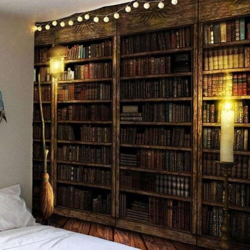 Magic Retro Bookcase Tapestry Fireplace Wall Hanging Thin Polyester Mysterious Library Art Bedspread Throw Room Home Decor