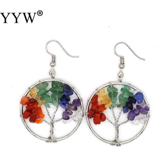 Tree Of Life Women Drop Earrings Round Natural Chip Gem Stone Opal Tiger Eye White Crystal Dangle Hook Earring Jewelry Oorbellen
