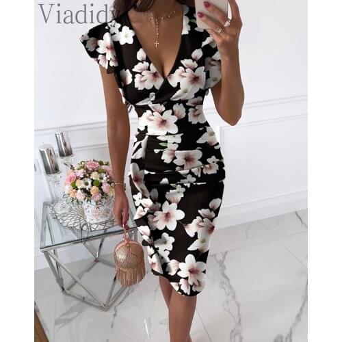 Women Elegant Floral Print Deep V-neck Bodycon Ruffles Design Straight Dress