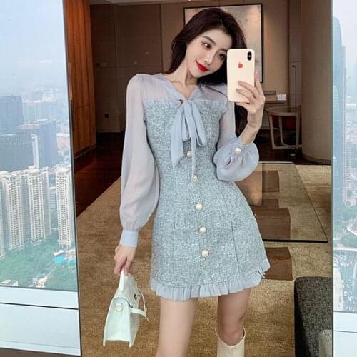 Autumn New Vintage See-Through Chiffon Patchwork Tweed Dress Women Bow Neck Long Sleeve Single-Breasted Button Short Dress