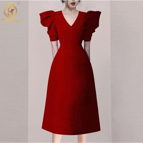 SMTHMA Vintage Elegant Puff Sleeve Midi Long Dress Womens Temperament V-Neck Casual Summer Dresses Vestidos