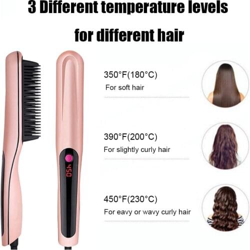 2 in 1 Heating Iron Men Beard Hair Straightener Ceramic Curler LED Display Heated Comb Women Electric Hair Straightener Brush