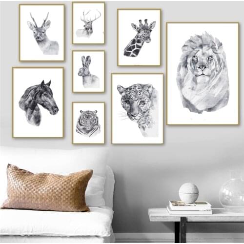 Watercolor Animal Art Wild Beast Horse Cat Canvas Artwork Lion Rabbit Tiger Black White Posters Prints Living Room Office Decor