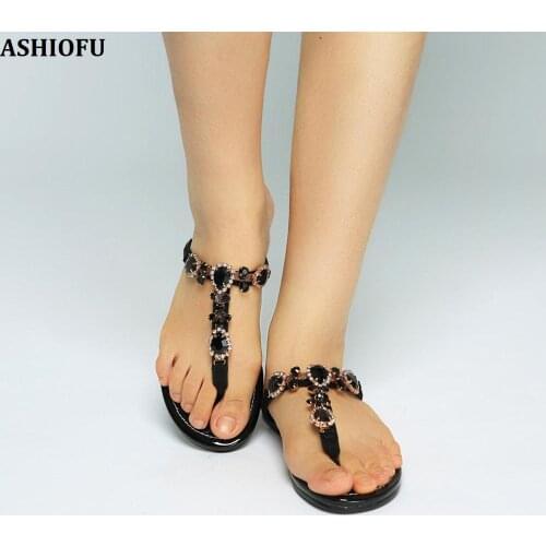 ASHIOFU Handmade Womens Sandals Crystals Beach Back-to-school Flat Sandals T-strap Fashion Daily Wear Sandals Shoes