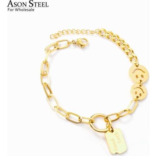ASONSTEEL Fashion 316L Stainless Steel Smiley Face Charm Bracelet with Good Lucky Pendant Bangle for Women Jewelry