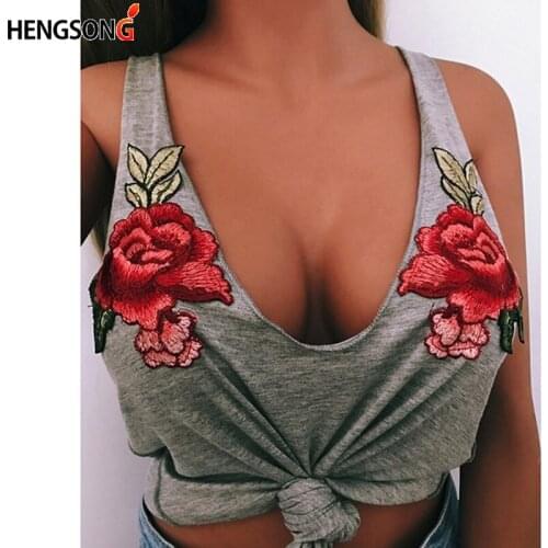 Fashion Floral Embroidery Blouse Women Sleeveless Tops Deep V-neck Solid Causal Tees Blouse Femme Sexy Summer Tops
