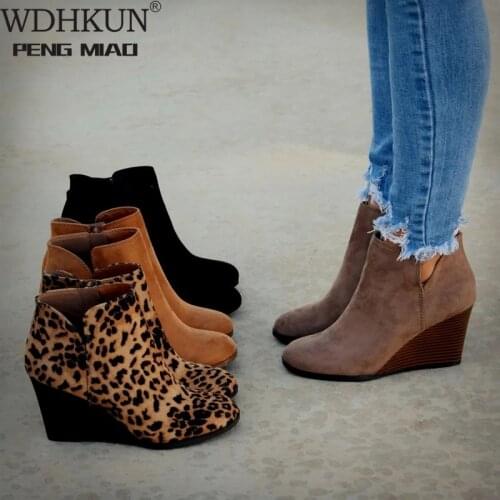 Pointed Toe Booties Winter Women Leopard Ankle Boots Footwear Platform High Heels Wedges Shoes Woman Bota Feminina