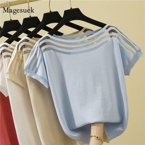 Plus Size Summer Short Sleeve Tshirt Women Loose Korean Slim Ice Silk Solid T-shirt O Neck Chic Splicing Casual Tee Blusas 13692