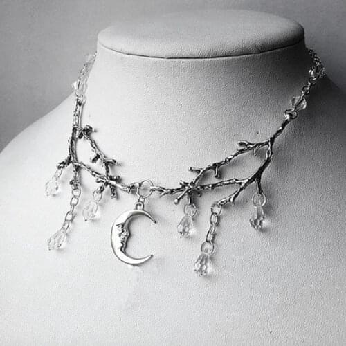 Tree Branch Crystal Necklace Woodland Forest Inspired Moon Droplets Pendant Popular Gothic Style