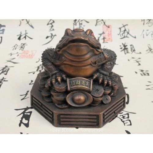 Chinese Folk Feng shui Red Bronze Lucky Wealth Money Toad Golden-toad Statue
