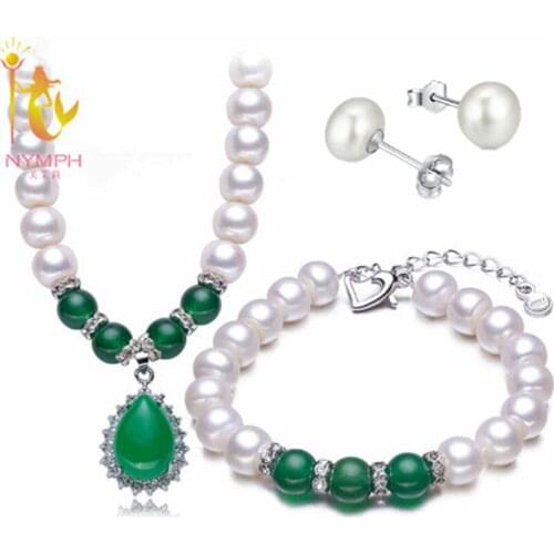 NYMPH Pearl Jewelry Set Real Fresh Water Pearl Necklace Pendant Bracelet Earrings Fine For Mother Green Agate T108