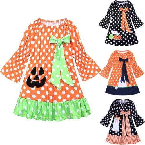 Halloween Costumes Baby Girls Dress Polka Dot Pumpkin Dresses Bow Girl Clothes Children One-Piece Clothing Kids Jumpers Cotton