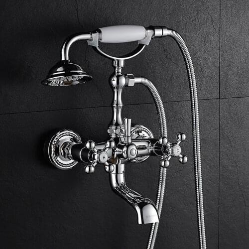 Copper Bathtub Shower Faucets Set Soild Brass Bathroom Hot & Cold Taps Mixer With Handheld Dual Handle Wall Mounted Chrome