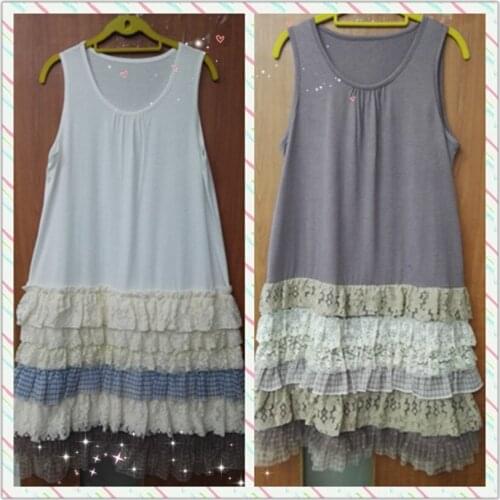 Womens O-neck UnderDress Loose Lace Crochet Mori Girl Sweet Cotton Multi-layer Ladys Petticoat Hippie Boho Slip Dress Vestidos