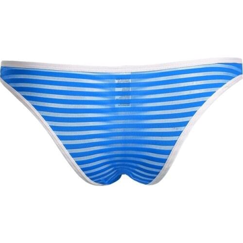 Mens Sexy Striped Transparent Thongs Underwear Low Rise See Through Stretch Underwear Penis Pouch Sissy Bikinis Brief