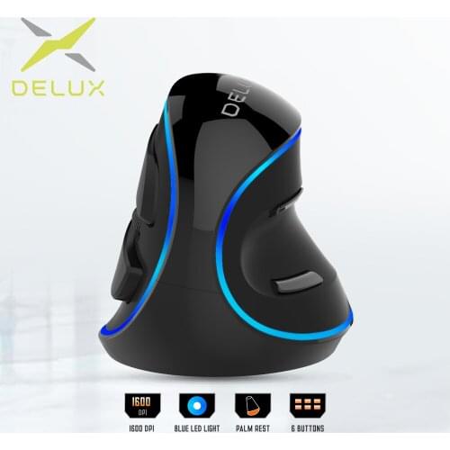 Delux M618 Plus Ergonomic Vertical wired Mouse 6 Buttons 1600 DPI Blue led light Computer mice with Palm Rest for PC Office