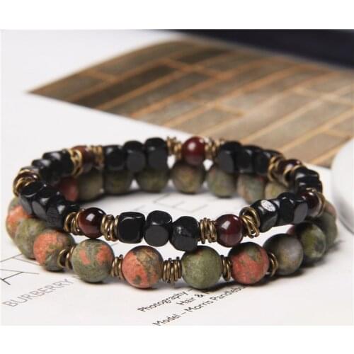 Natural Stone Black Wood Beads Bracelets For Women Men Agat Lava Unakite African Turquoises Elastic Rope Bangles Jewelry Pulsera
