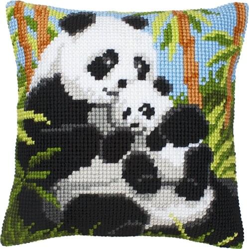 DIY Cross Stitch Cushion Cover Panda Family Needlepoint Kits Printed Canvas Chunky Yarn Cross-stitch Pillow Case Arts & Crafts