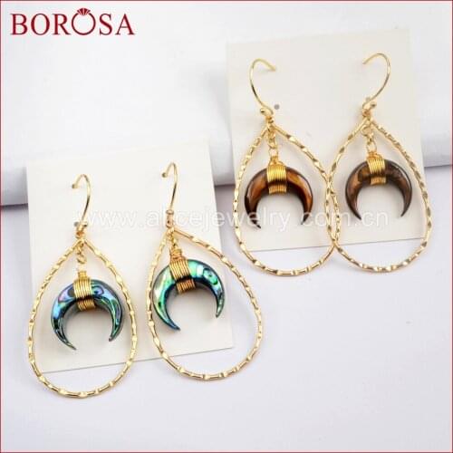 BOROSA New Fashion Jewelry Gold Color Abalone & Brown Shell Horn With Big Teardrop Earring For Women Dangle Earring G1585