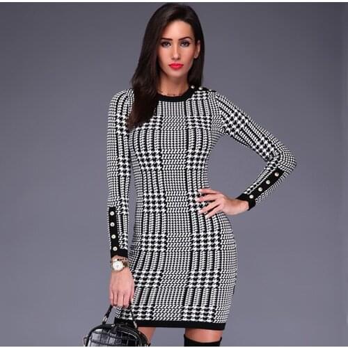 Slim Jacquard Bandage Dress Long Sleeve Round Neck Button Embellished Mini Bodycon Club Dress