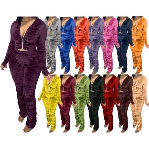 Autumn Velvet Stacked Womens Set Zipper Hoodies Ruched Pants Set Sport Tracksuit Two Piece Outfit Active Sweatsuit