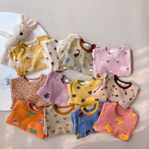 New Autumn Children Cartoon Printed Pajamas Sets Tops Pants 2pcs Korean Style Unisex Toddler Kid Sleepwear Suits Elastic Outfits