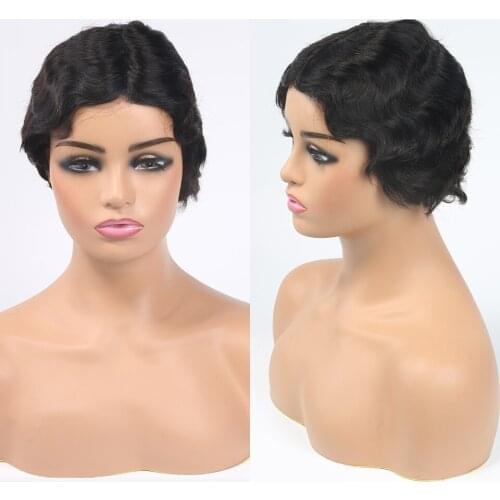 Retro Hair Short Straight Bob Pixie Cut Non Lace Front Human Hair Wig With Bangs For Women Brazilian Human Hair Wig Under $50