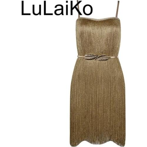 Luxury Gold Tassel Suspender Backless Sleeveless Metal Belt Party Dress 2021 Summer Evening Women Fringed Bodycon Mini Dresses
