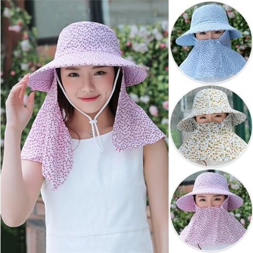 Summer Print Sun Hat UV Large Wide Brim Beach Cap Protection Face Neck Soft breathable Cotton Polyester Hat For Fishing Camping