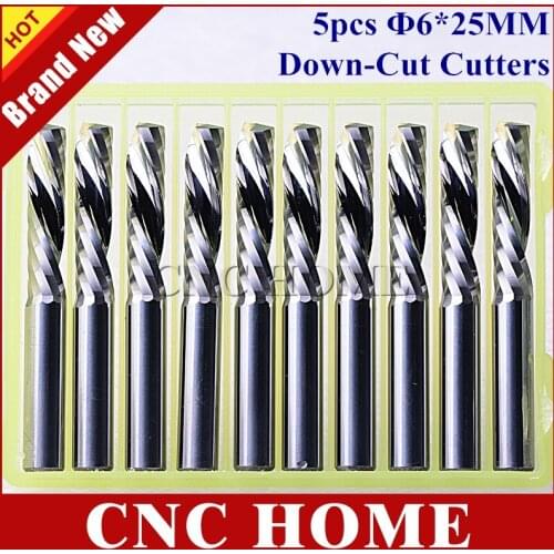 DOWN Cutter, 5pc 6*25MM Top Grade One Flute End Mill Cutting Tools, CNC Tools CNC Router Bits Wood Router Milling Cutter Set