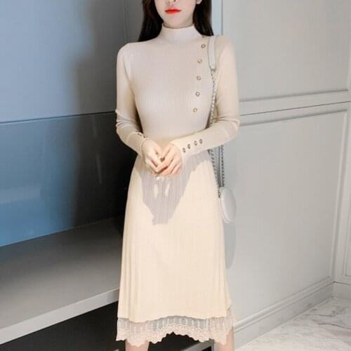 Lace hem buttons midi korean spring knitted dresses for women casual elegant long sleeve sweater winter woman dress black C229