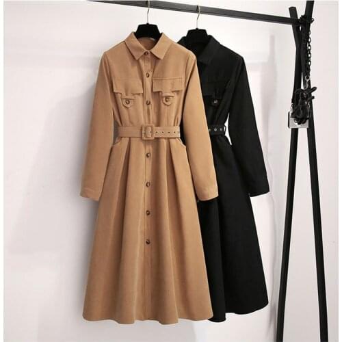 Corduroy Womens Dress 2021 Spring New Long Sleeve Dresses Ladies Girl Fashion Single-breasted Elegant Long Dress Vestidos Belt
