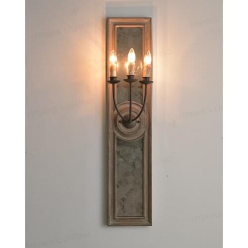 Vintage glass wall sconce lighting with retro wooden material large wall lamp for villa hotel decorative mirror loft wall sconce