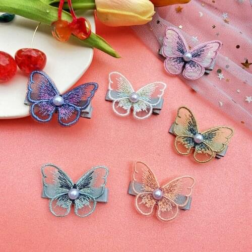 Fairy Hair Clip Ins Korean Pearl Embroidered Butterfly Bang Clip Mesh Decorative Clip Girls Side Clip Hair Accessories