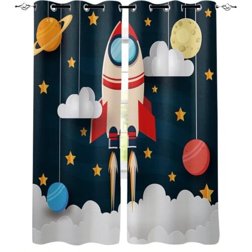 Outer Space Cartoon Cute Spaceship Rocket Curtain for Living Room Bedroom Window Treatment Blinds Drapes Kids Room Curtains