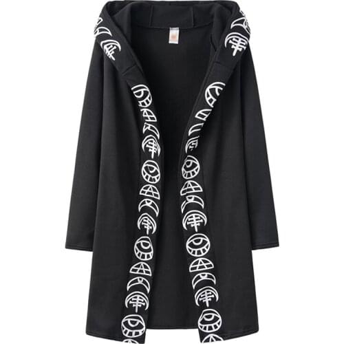 Womens Punk Print Long Sleeve Hooded Coat with Moon Pattern Long Cardigan for Winter Best Sale-WT