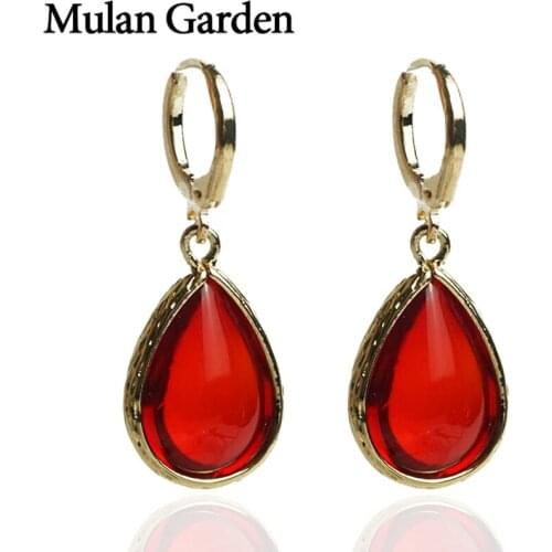 M&G Gold Water Drop Dangle Earrings for Women Red Glass Teardrop Pendant Statement Earrings Glass Jewelry Ear Drops Accessories