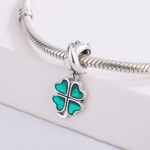 925 Sterling Silver Green Enamel Heart-Shaped Four-Leaf Clover Pendant Charm Bracelet Jewelry DIY Making For Original Pandora