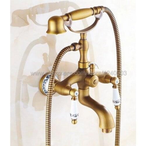 Antique Brass Bathtub Faucets Wall Mounted Ceramic Base bathroom shower tap With Hand Shower Sprayer Ktf311