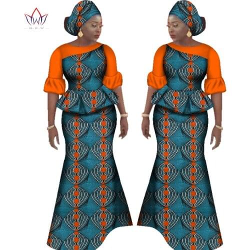 Bintarealwax African Skirt Sets for Women Bazin Elegant Africa Clothing Dashiki Flowers Traditional African Clothing WY2349