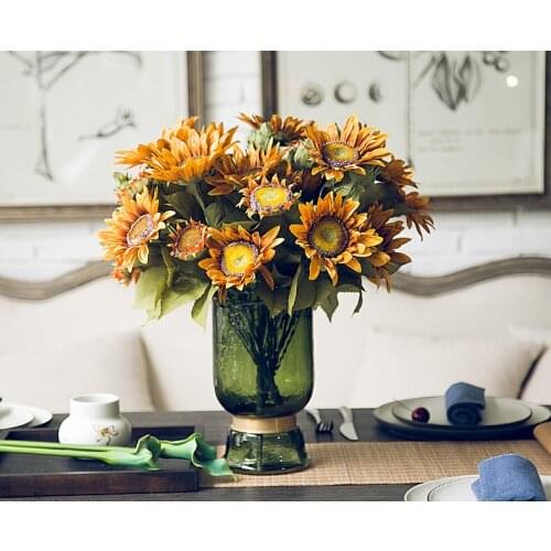 4colors European Retro 1pcs Bouquet Artificial sunflower big chrysanthemum Silk Flowers Fake Leaf Wedding Home Party Decoration